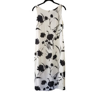 Louben Midi Shift Dress Size 10 Cream/Black Sleeveless Floral Crepe Lined